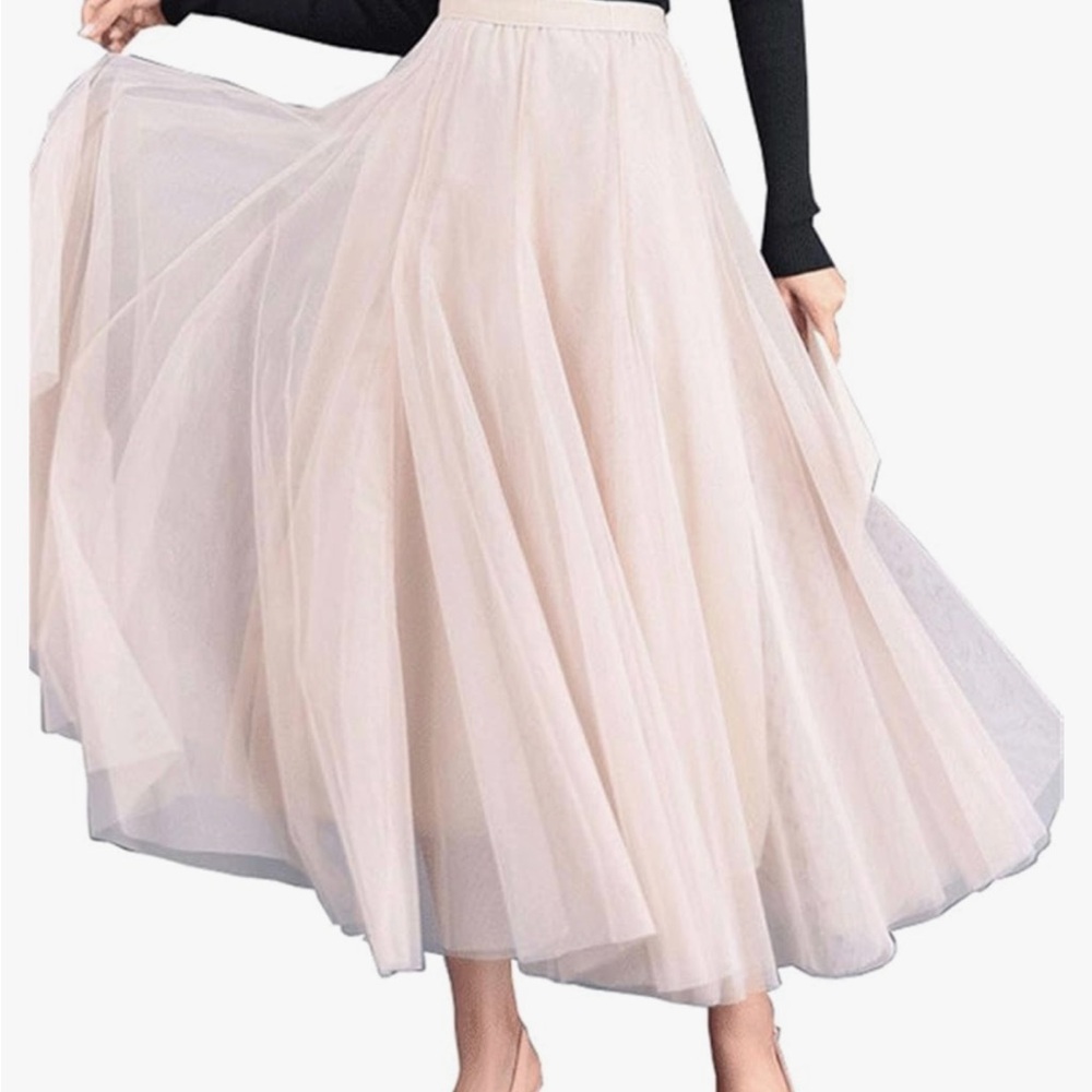 Long draping tulle skirt, beige/pink with elastic waist
